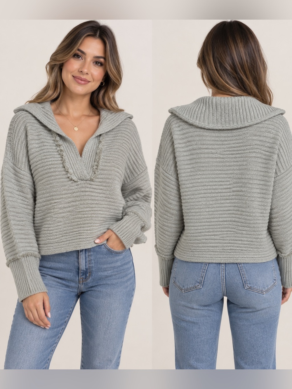 Free People Textured Ribbed V-Collar Sweater - Beige